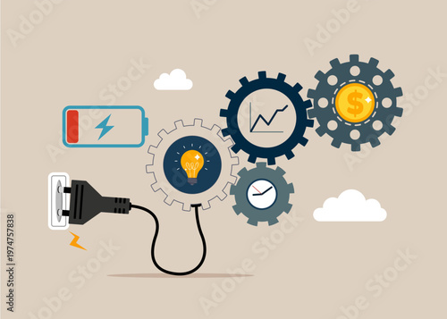 The gears feeds electricity. Restoration is underway. Not enough energy to work at full potential and motivation. Dollar money from cog gear production. Expense for better profit strategy. Vector
