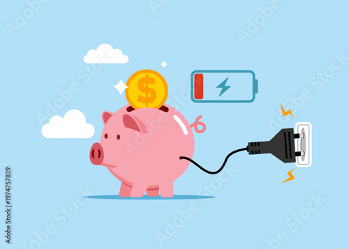 Low battery  piggy bank. Restoration is underway. Not enough energy to work at full potential and motivation. Flat vector illustration. 