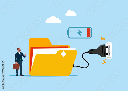 The folder documets feeds electricity. Restoration is underway. Not enough energy to work at full potential and motivation. Organizing file and document in database. Flat vector illustration. 