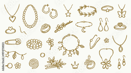 Collection of hand-drawn golden jewelry and accessories for women, featuring necklaces earrings rings bracelets and hair clips, elegant and feminine design elements
