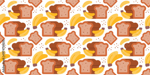 banana bread loaf seamless pattern flat design background. homemade baked sweet food illustration for kitchen packaging, cafe menu, or textile print. simple vector. pattern with white background. 