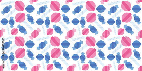 Pink and blue wrapped candy seamless pattern flat background. sweet confectionery food illustration for candy shop packaging, party supplies, or textile. simple vector. pattern with white background. 