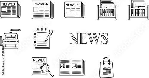 News and Journalism Industry Line Art Icons Set. Outline Black and White Symbols for Media, Publishing, and Reporting, featuring Newspaper, Printing Press, Notebook, and Magnifier.