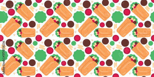 mexican burrito seamless pattern flat design background. fast food wrap illustration for restaurant menu, packaging, or casual dining design. simple vector. pattern with white background.