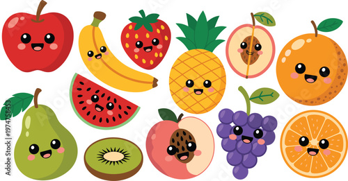 Large collection of cute kawaii fruit characters featuring smiling apple banana strawberry pineapple orange grapes pear watermelon and kiwi vectors.