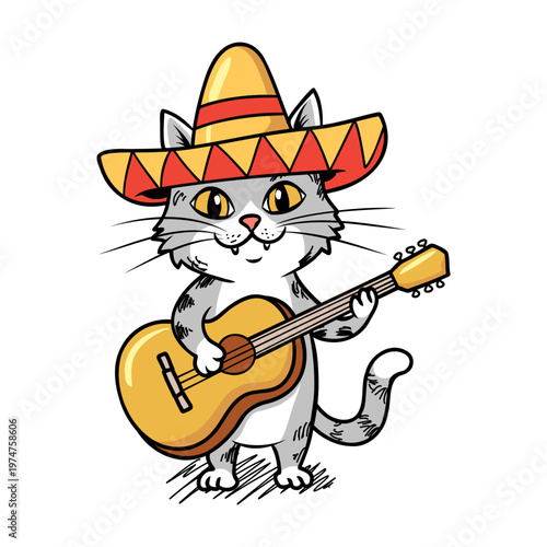 Cute cat wearing sombrero playing guitar Cinco de Mayo illustration