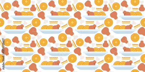 chicken noodle soup seamless pattern flat design. warm comfort food illustration for restaurant menu, packaging, or homestyle kitchen design. simple vector. pattern with white background. 