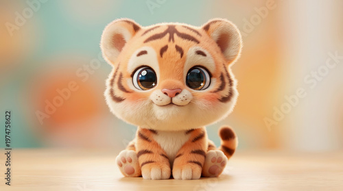Cute 3D baby tiger character sitting on a soft blurred background