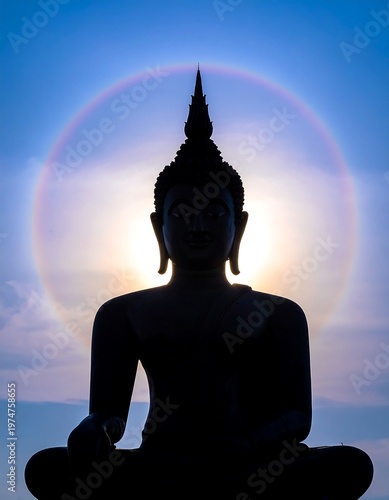 A serene silhouette depicts a seated figure, crown atop head, against a glowing halo of light in the vast, open sky