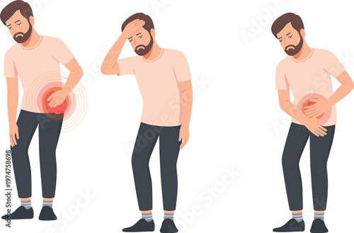 Vector illustration set of a young man experiencing various physical symptoms including stomach ache fever and abdominal pain isolated on white.