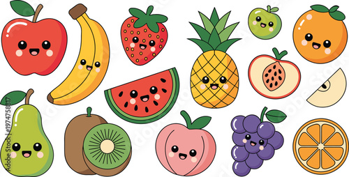 Large collection of cute kawaii fruit characters featuring smiling apple banana strawberry pineapple orange grapes pear watermelon and kiwi vectors.