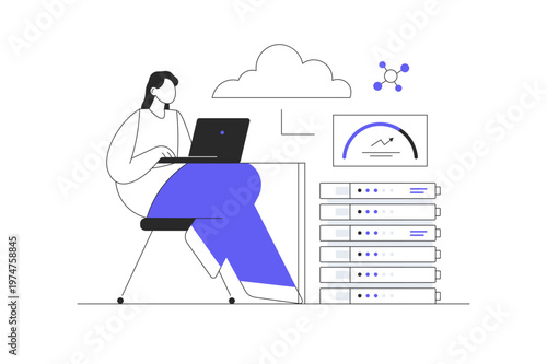 Cloud computing, online database, web hosting, web data center. Woman storing data on cloud server.  Flat Cartoon Vector Illustration, icon Stylish abstract design landing page web