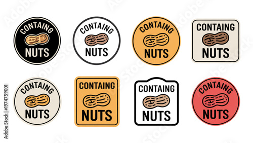 Contains Nuts Allergen Warning Badges Peanut Icon Food Label Vector Set