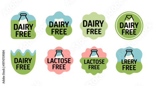 Dairy Free Label Badges – Lactose Free Vegan Food Packaging Vector Set