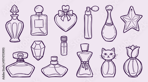 Collection of elegant perfume bottles and vials in various shapes and designs, hand-drawn sketch style, artistic beauty and fragrance concept