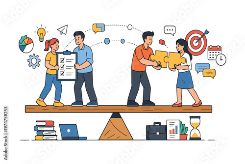 A team of diverse professionals collaborating on tasks while balancing on a large wooden seesaw