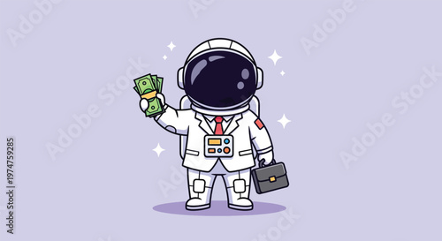 Astronaut businessman holding money and briefcase ready for space commerce.
