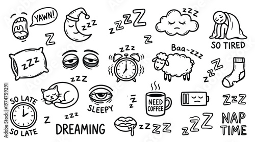 Collection of hand drawn doodle icons representing sleepiness tiredness and coffee need with a cat alarm clock and moon
