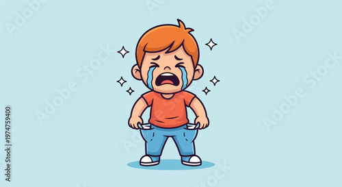 Crying Boy Showing Empty Pockets.