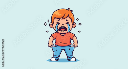 Crying Little Boy Showing Empty Pockets.