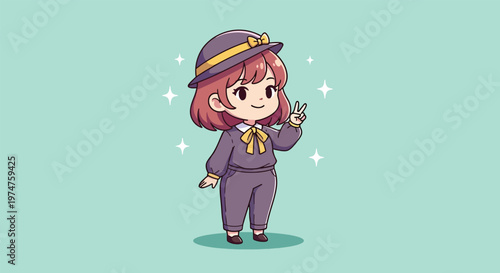 Cute anime girl in a hat making a peace sign.