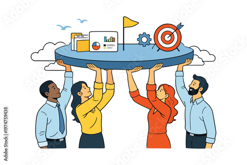 A diverse team of business professionals working together to support and achieve collective goals.