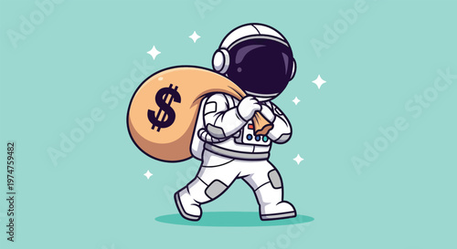 Cute astronaut carrying a large bag of money.