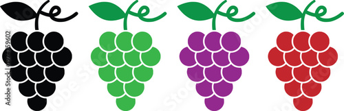 Grapes Fruit Icon Set: Colorful Bunches of Grapes in Black, Green, Purple, and Red Colors with Leaf for Food Logo, Wine Label, and Organic Farming - Vector Illustration.