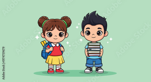 Cute Cartoon Boy and Girl Students Standing Together.