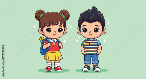 Cute Cartoon Children Ready for School with Backpacks.
