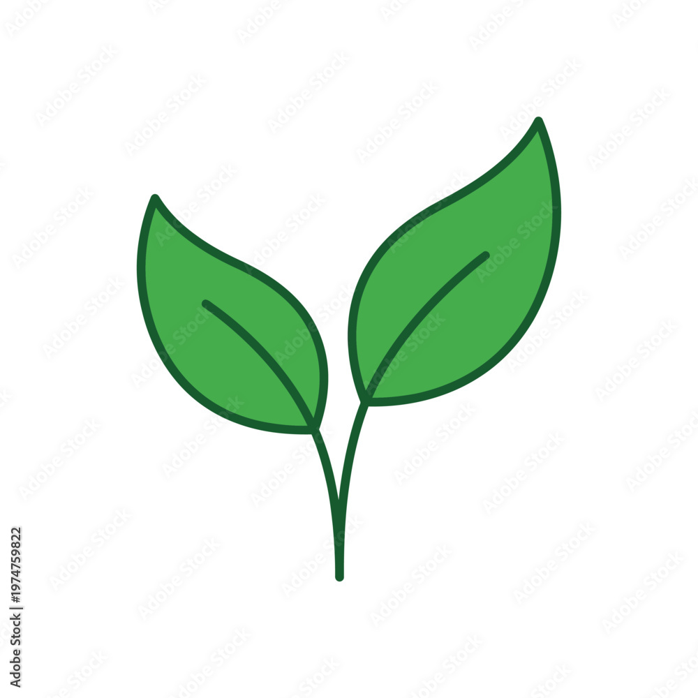 Fototapeta premium Flat vector icon of two symmetrical tea leaves growing upward from one stem
