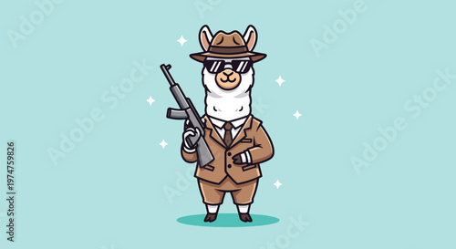 Cute Cartoon Llama Gangster with Machine Gun.