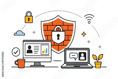 A digital illustration representing cyber security protecting computers and data networks online