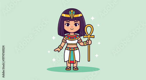 Cute Egyptian Queen Cleopatra Holding Ankh Symbol Cartoon.
