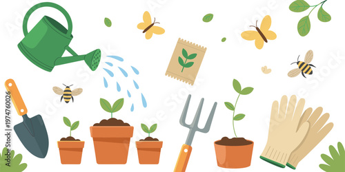 Gardening icons collection, flowerpots with plants, watering can, shovel, fork, gloves, seed packet, bees, butterflies, sprouts, nature illustration, vector design
