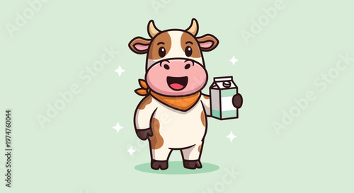 Cute Happy Cow Holding Milk Carton Cartoon Illustration.