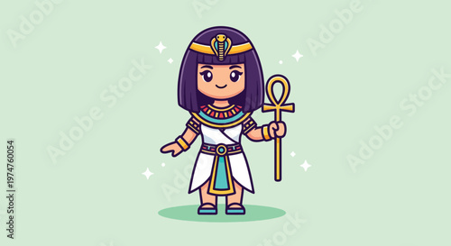 Cute Egyptian Queen Holding Ankh Symbol Cartoon.