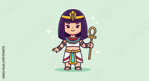 Cute Egyptian Pharaoh Woman Holding Ankh Symbol Cartoon.