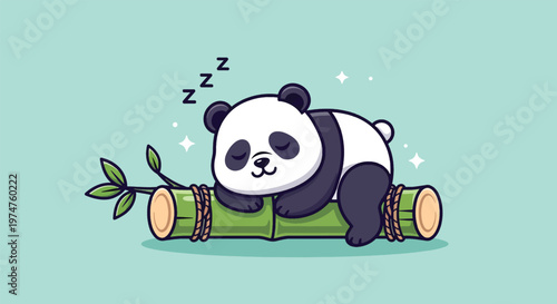 Cute Panda Sleeping on Bamboo Cartoon Vector.