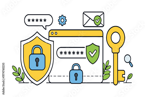 A colorful illustration representing digital security with a shield, a password and a golden key.