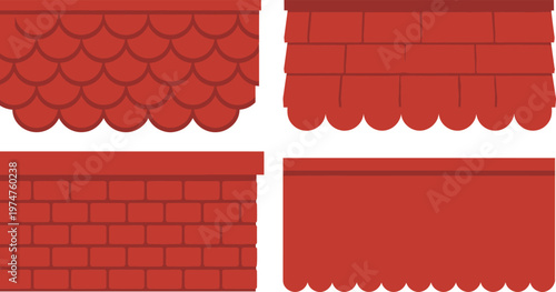 Red roof tile patterns, decorative awning designs, architectural shingles, scalloped edges, brick texture roofing, solid red canopy, construction elements, vector illustration