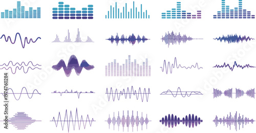 Sound waveforms collection, audio equalizer patterns, music visualization graphics, waveform curves, bar-style equalizer, digital audio signals, abstract sound design, vector illustration