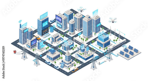 Isometric vector art showcases a futuristic smart city design with green spaces and advanced technology, featuring clean lines and a light color palette, set against a plain white