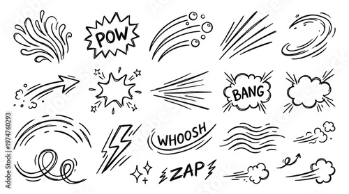 Hand drawn comic book sound effects and motion lines collection for graphic design and illustration