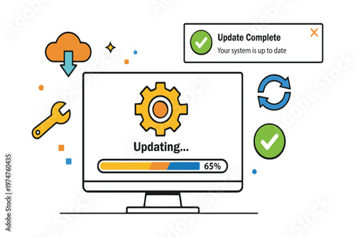 A computer monitor screen displaying a software update progress bar with icons of gear and cloud