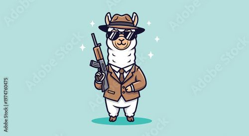 Gangster Llama Wearing Sunglasses and Holding a Rifle.