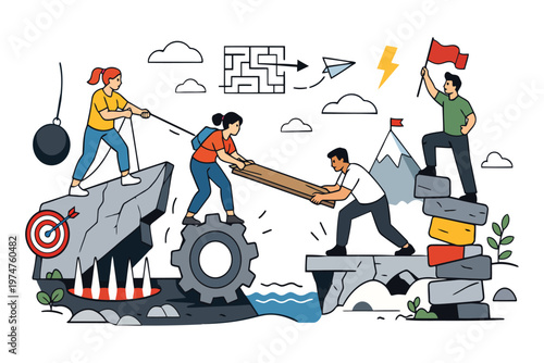 A team of diverse professionals collaborating to overcome obstacles and reach their common goals