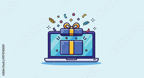 Laptop with Gift Box and Confetti Illustration.