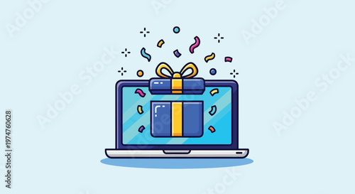 Online Gift Reward on Laptop Screen with Confetti.