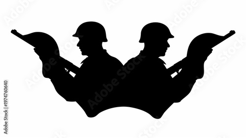 Two soldiers silhouettes facing opposite directions with guns on a white background symbolizing conflict and teamwork in a dramatic and intense scene